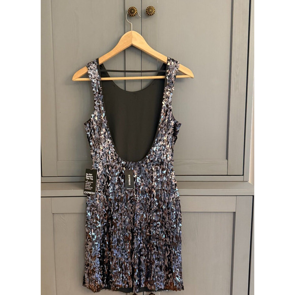 NWT Express Sequin Mini Dress XS ~ Black Silver Iridescent Party Glam Sparkle - Picture 6 of 12